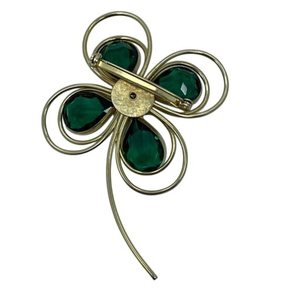 Gold Tone Shamrock Brooch Green Glass Rhinestones Clover Pin St. Patrick’s Day - Picture 2 of 5